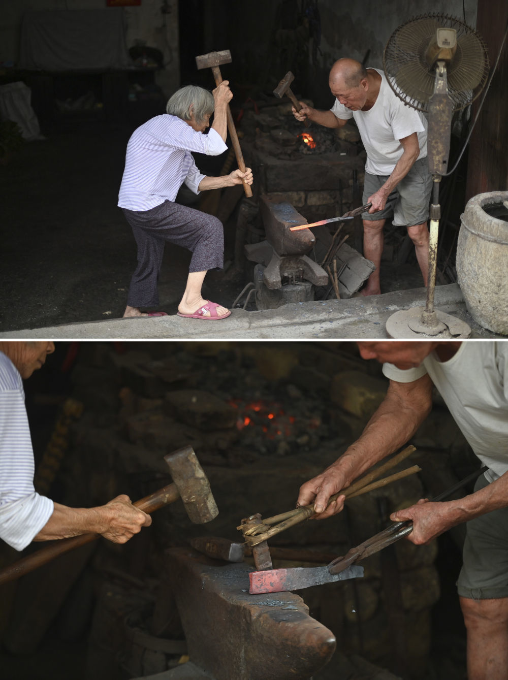 在广西柳州市柳江区三都镇，83岁的韦初元（右）和80岁的老伴韦秀依在制作农具（4月16日摄）。韦初元经营铁匠铺已经有60年，如今他和老伴依旧坚持为周边村民制作农具。